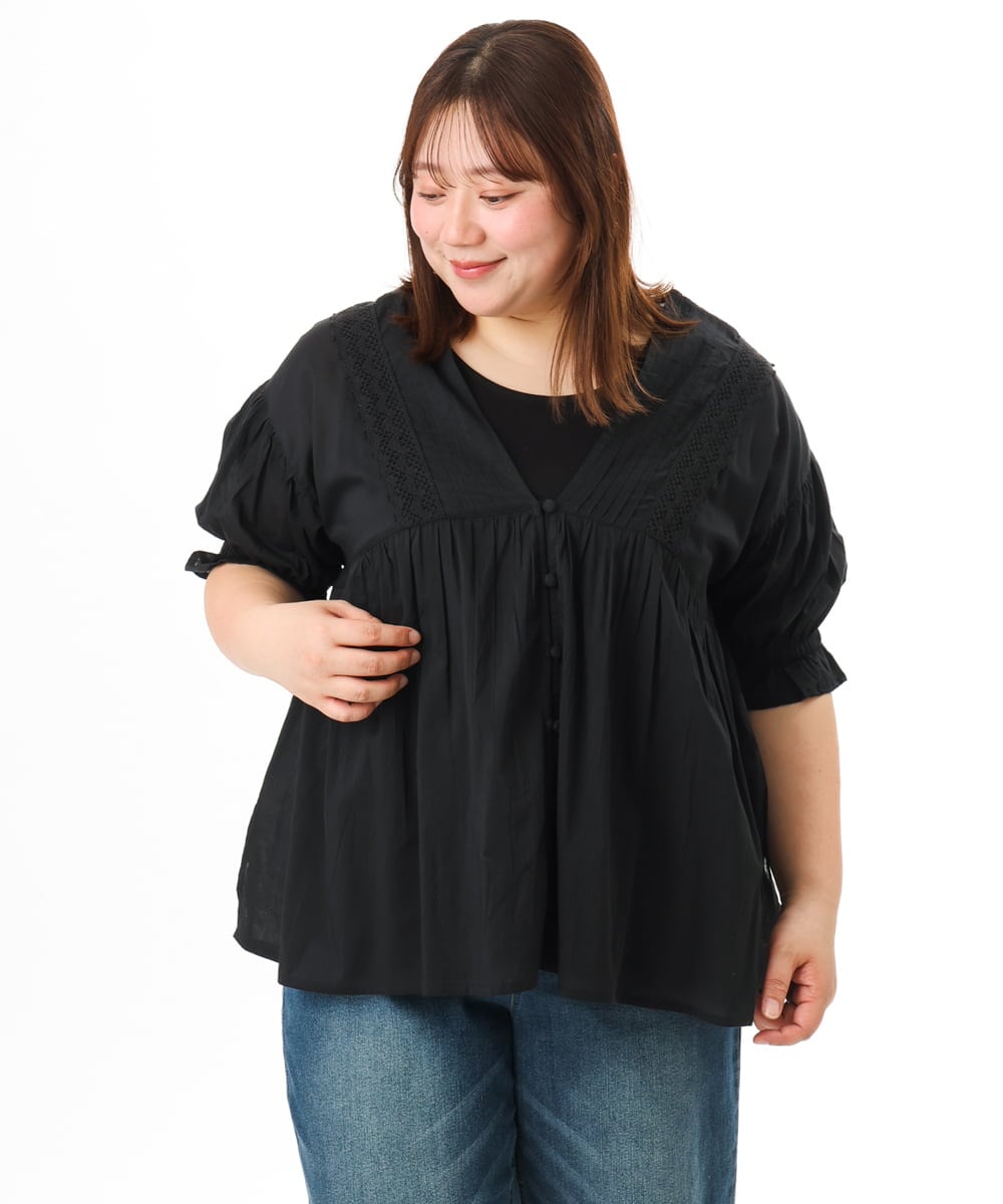 OLBFD03089 eur3(エウルキューブ) 【大きいサイズ】ピンタックコットンブラウス ブラック