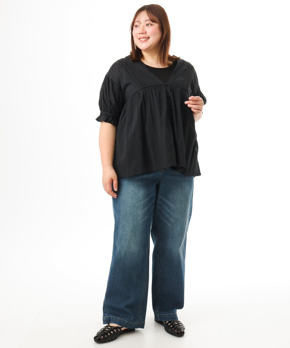 OLBFD03089 eur3(エウルキューブ) 【大きいサイズ】ピンタックコットンブラウス ブラック