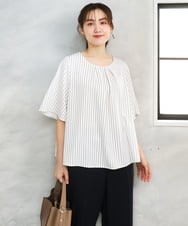 OLBFD23089 eur3(エウルキューブ) 【WEB先行販売】【大きいサイズ/11号サイズあり】フレアハーフスリーブブラウス アイボリー(ストライプ）