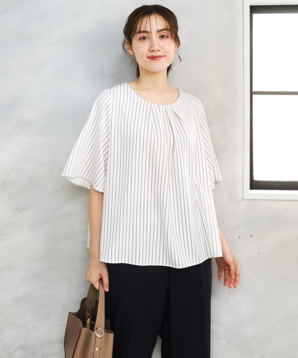 OLBFD23089 eur3(エウルキューブ) 【WEB先行販売】【大きいサイズ/11号サイズあり】フレアハーフスリーブブラウス アイボリー(ストライプ）