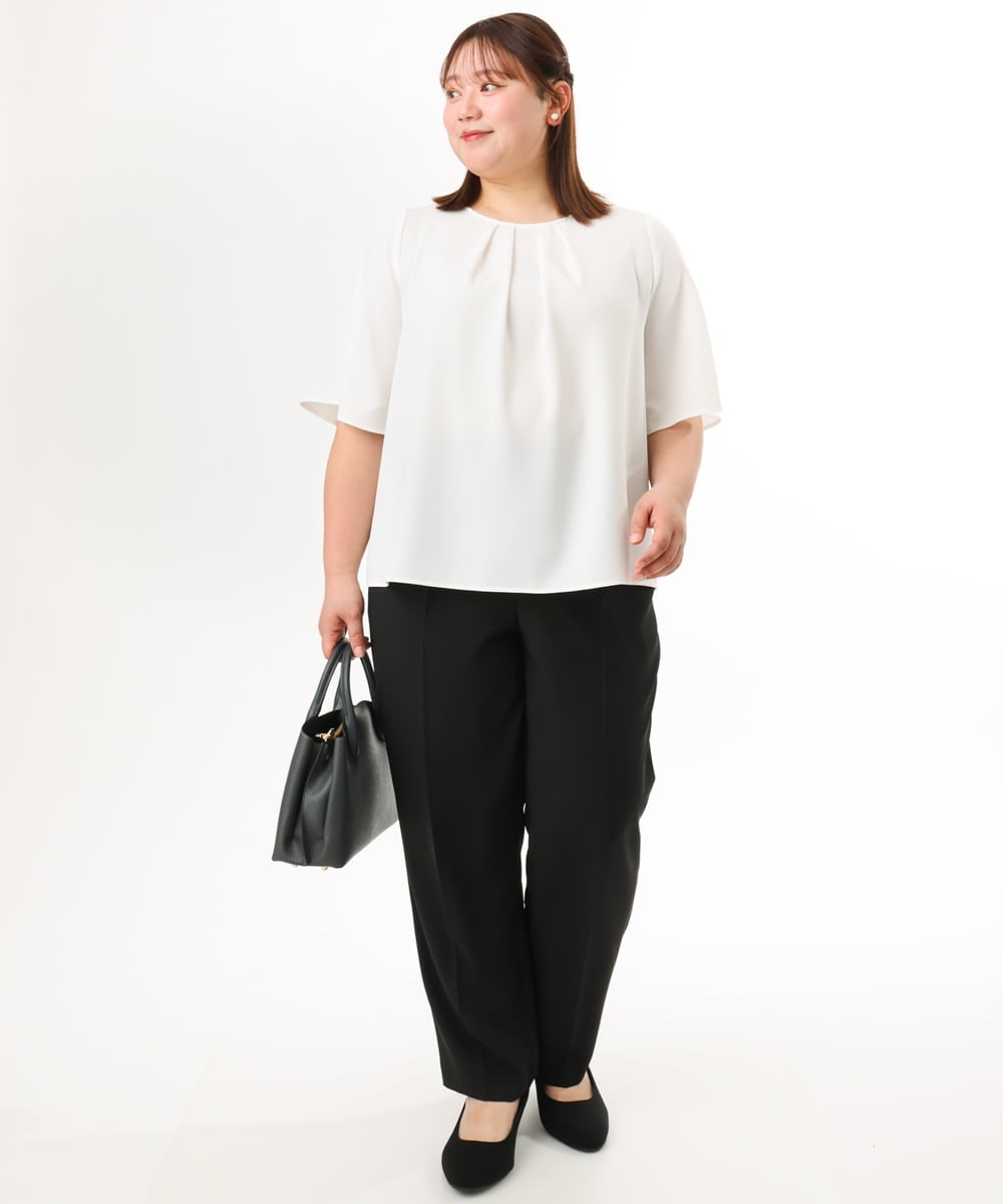 OLBFD23089 eur3(エウルキューブ) 【WEB先行販売】【大きいサイズ/11号サイズあり】フレアハーフスリーブブラウス ホワイト(無地）