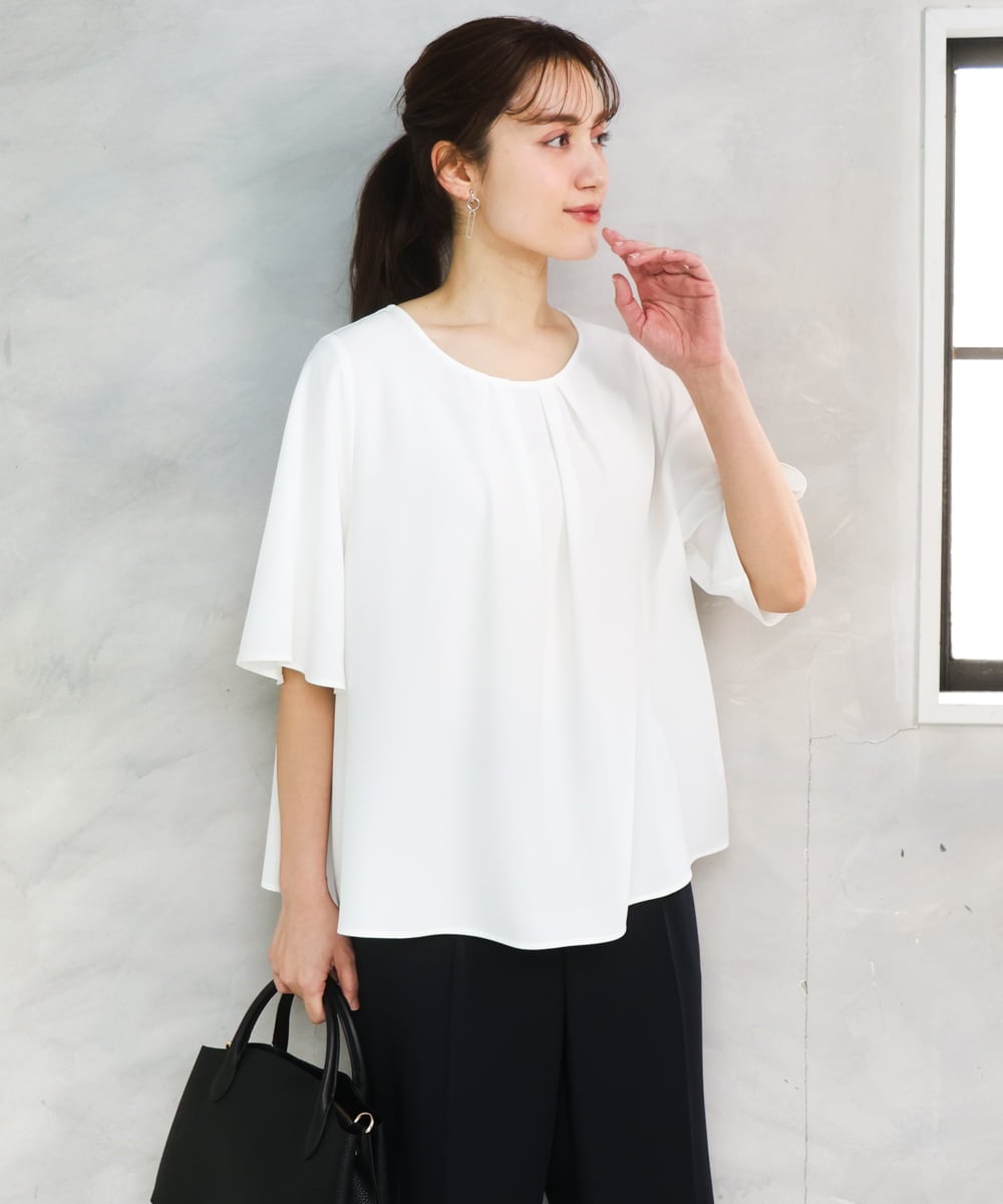 OLBFD23089 eur3(エウルキューブ) 【WEB先行販売】【大きいサイズ/11号サイズあり】フレアハーフスリーブブラウス ホワイト(無地）