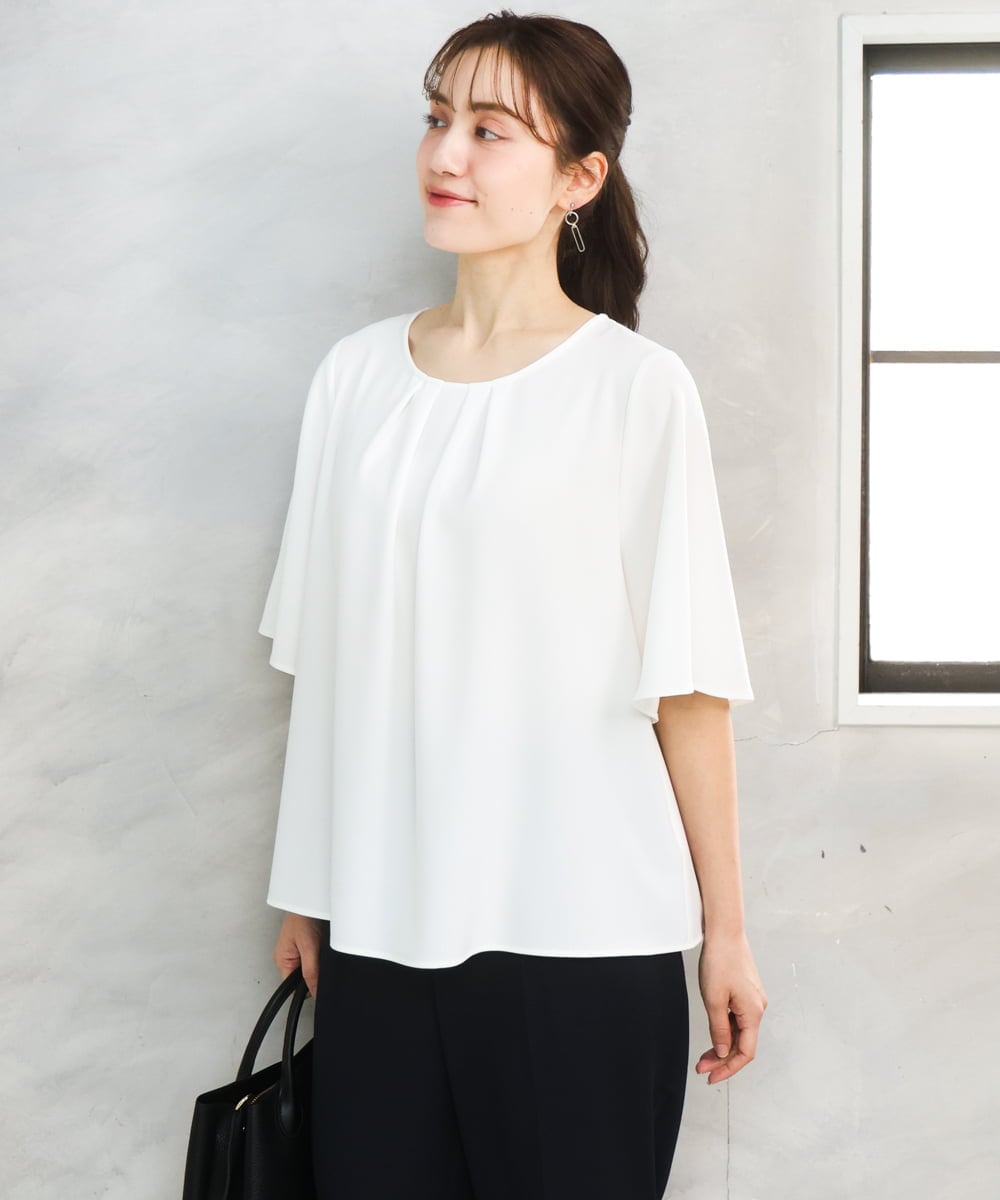 OLBFD23089 eur3(エウルキューブ) 【WEB先行販売】【大きいサイズ/11号サイズあり】フレアハーフスリーブブラウス ホワイト(無地）