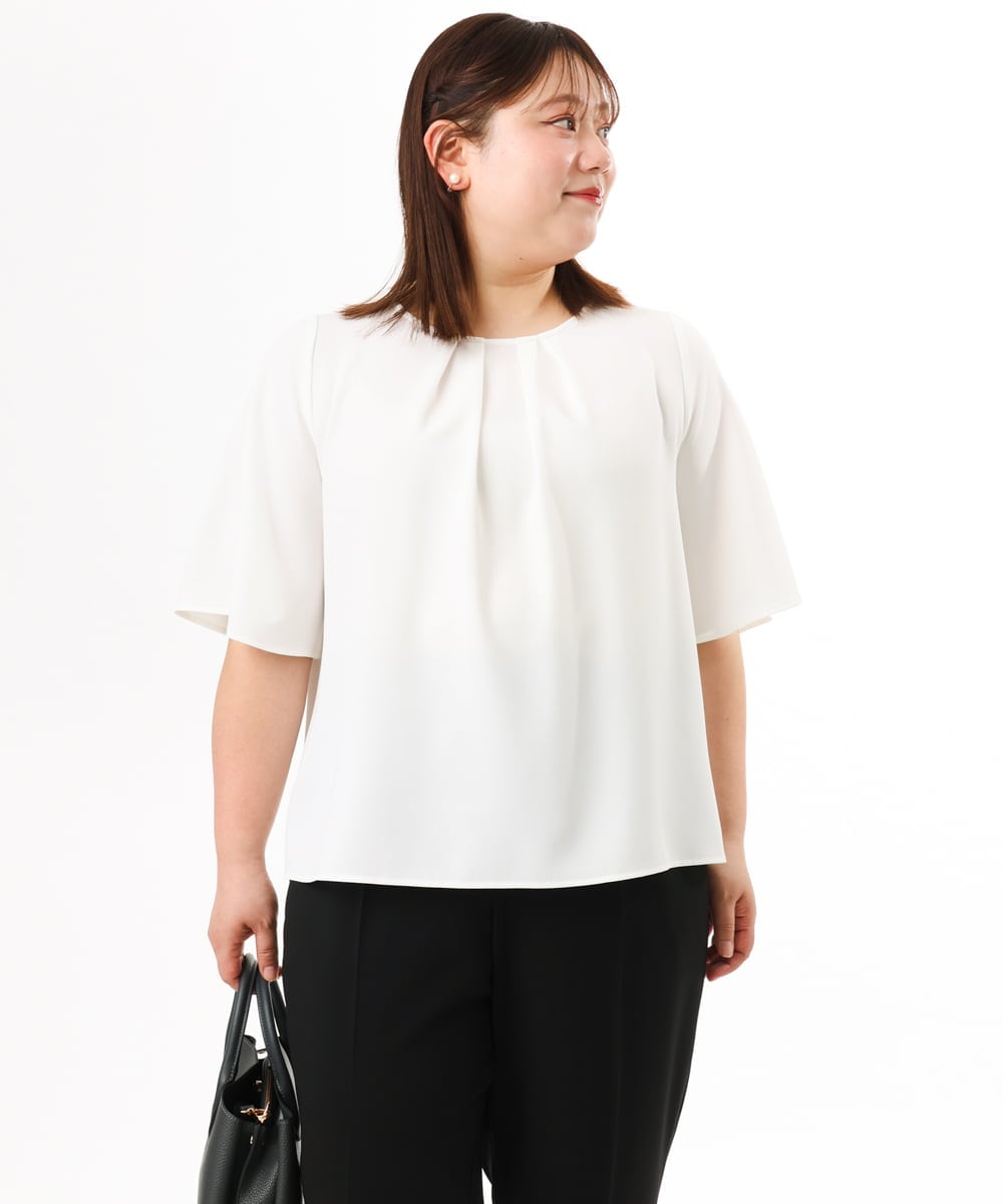 OLBFD23089 eur3(エウルキューブ) 【WEB先行販売】【大きいサイズ/11号サイズあり】フレアハーフスリーブブラウス ホワイト(無地）