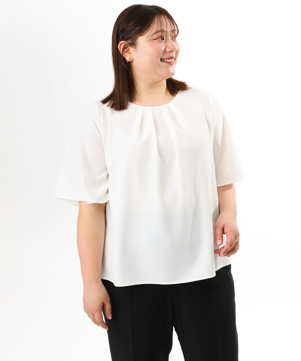 OLBFD23089 eur3(エウルキューブ) 【WEB先行販売】【大きいサイズ/11号サイズあり】フレアハーフスリーブブラウス ホワイト(無地）