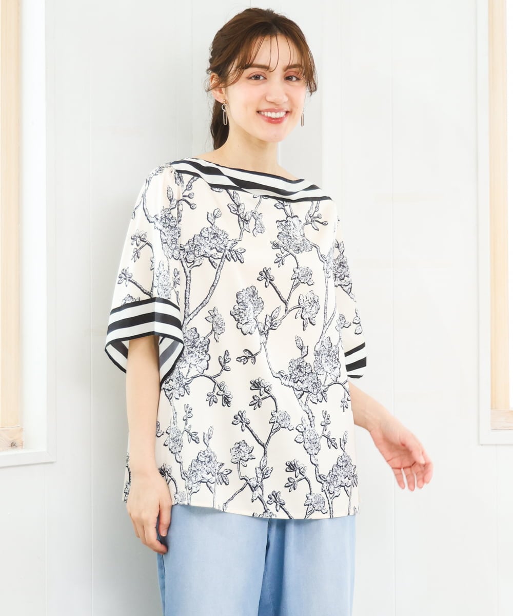 OLBFD27089 eur3(エウルキューブ) 【WEB先行販売】【大きいサイズ】スカーフプリントブラウス アイボリー