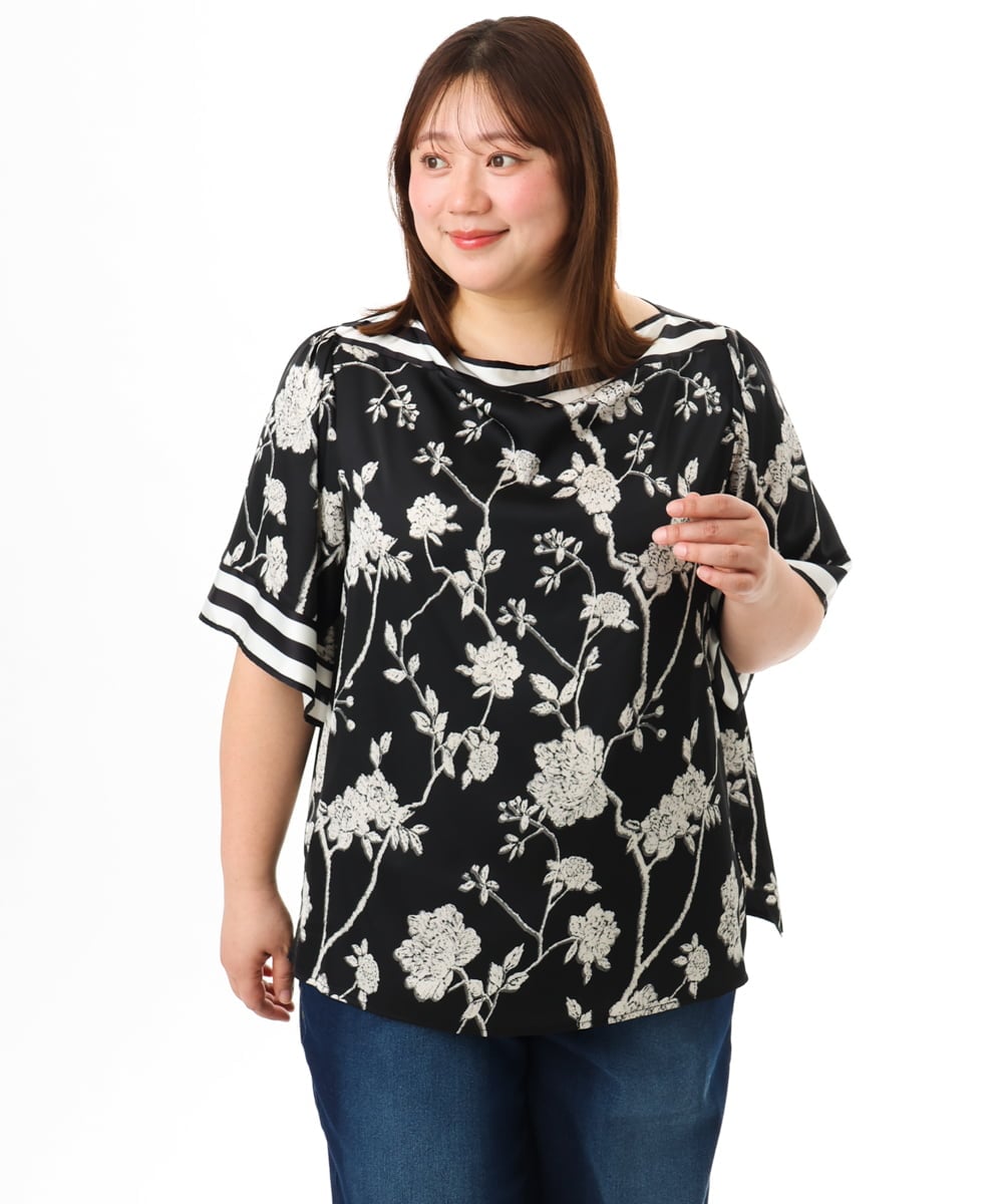 OLBFD27089 eur3(エウルキューブ) 【WEB先行販売】【大きいサイズ】スカーフプリントブラウス ブラック