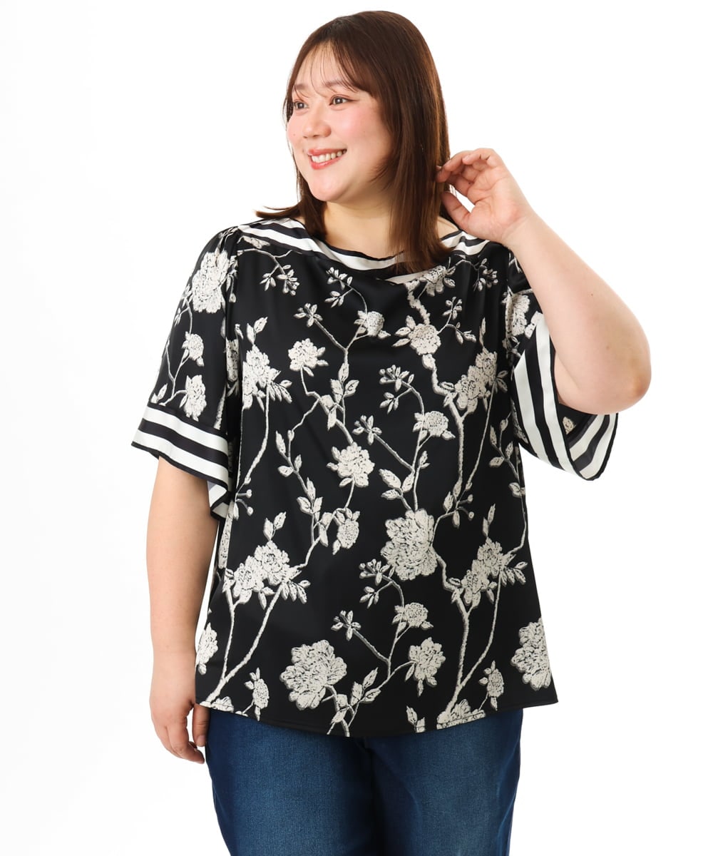 OLBFD27089 eur3(エウルキューブ) 【WEB先行販売】【大きいサイズ】スカーフプリントブラウス ブラック