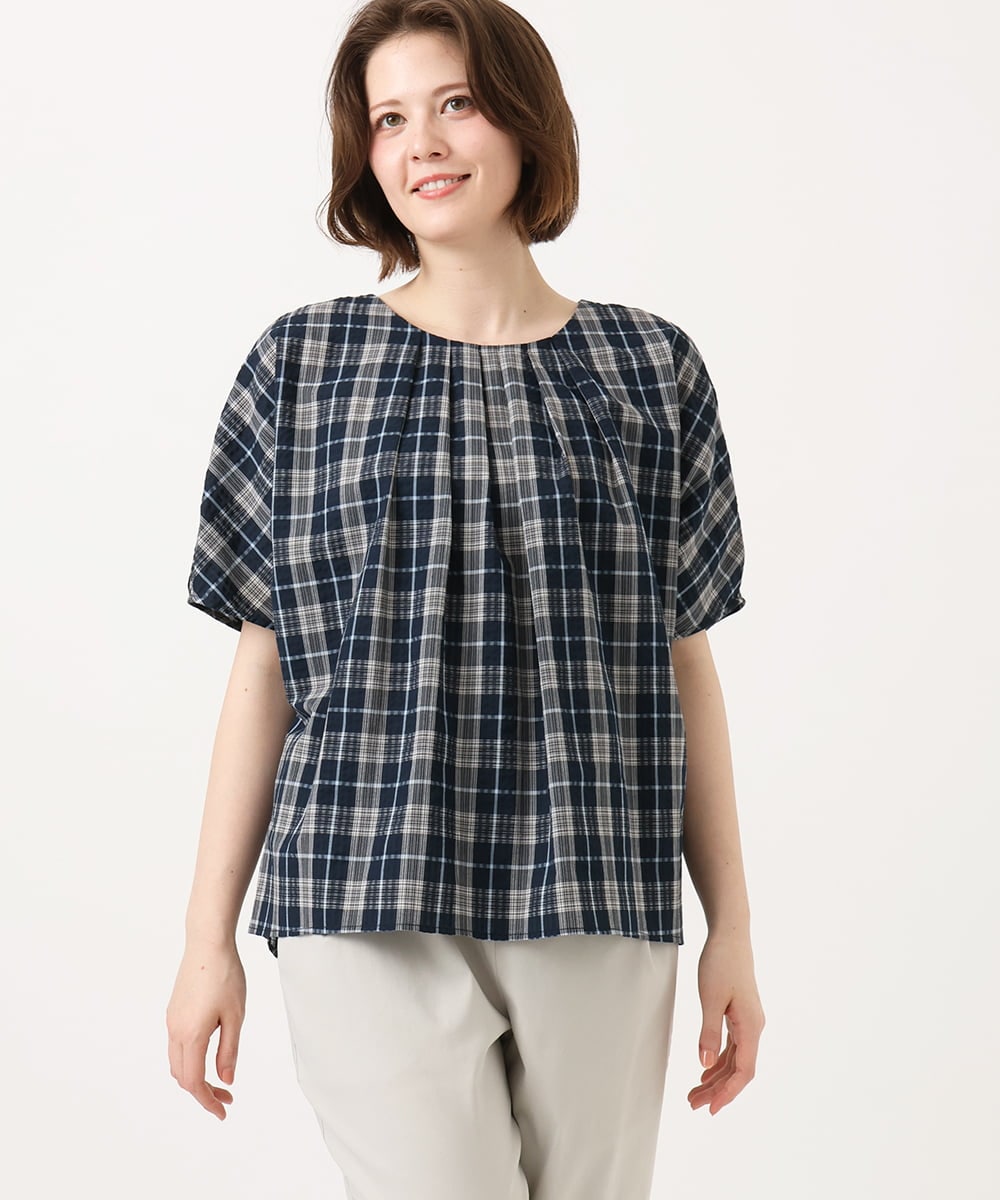 OLBFD36099 eur3(エウルキューブ) 【WEB先行販売】【大きいサイズ】コットンチェックブラウス ネイビー