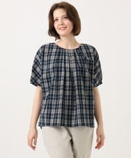 OLBFD36099 eur3(エウルキューブ) 【大きいサイズ】コットンチェックブラウス ネイビー