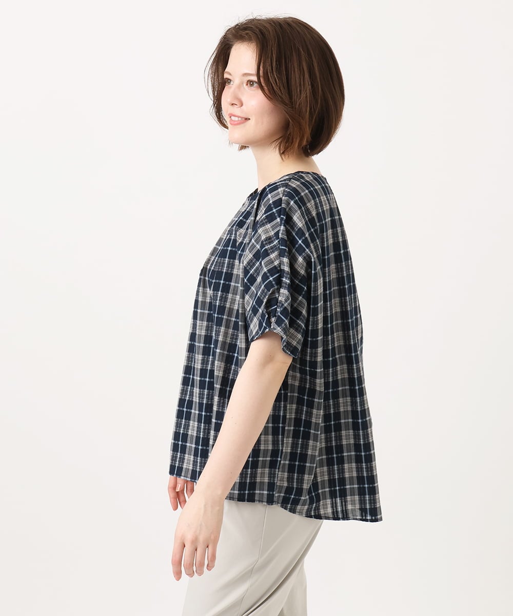 OLBFD36099 eur3(エウルキューブ) 【WEB先行販売】【大きいサイズ】コットンチェックブラウス ネイビー