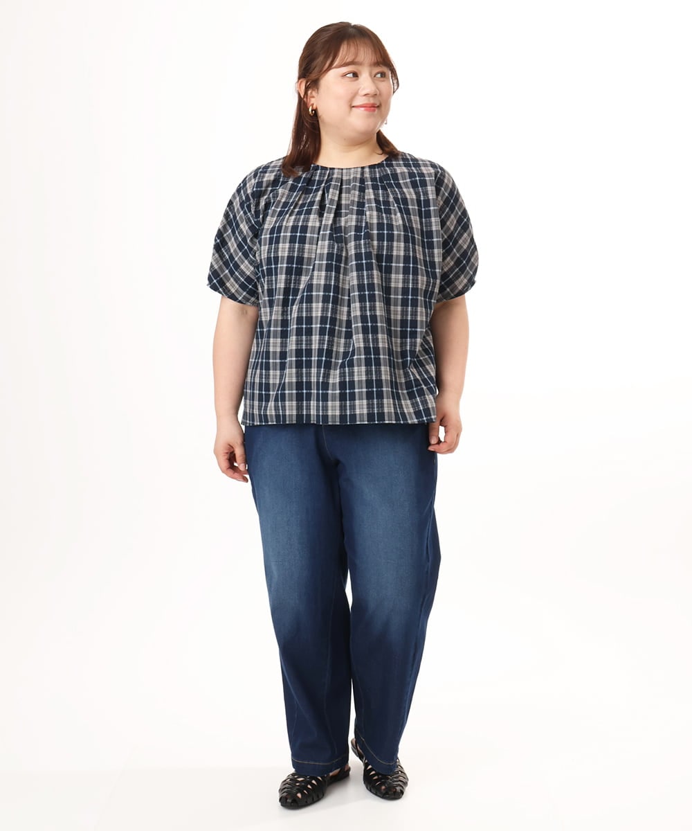OLBFD36099 eur3(エウルキューブ) 【WEB先行販売】【大きいサイズ】コットンチェックブラウス ネイビー