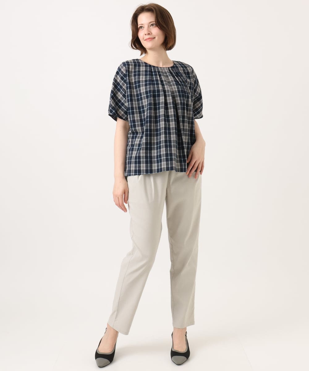 OLBFD36099 eur3(エウルキューブ) 【大きいサイズ】コットンチェックブラウス ネイビー