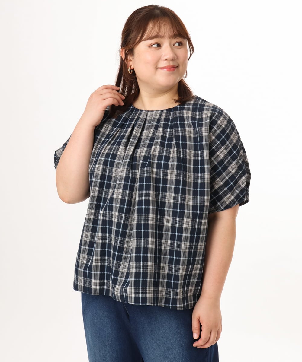 OLBFD36099 eur3(エウルキューブ) 【大きいサイズ】コットンチェックブラウス ネイビー