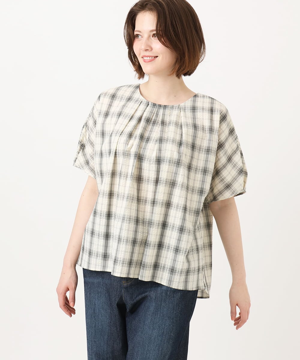 OLBFD36099 eur3(エウルキューブ) 【WEB先行販売】【大きいサイズ】コットンチェックブラウス ホワイト