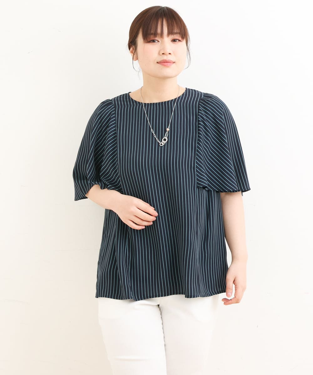 OLBFS10080 eur3(エウルキューブ) 【大きいサイズ】フレアスリーブストライプブラウス ネイビー(57)