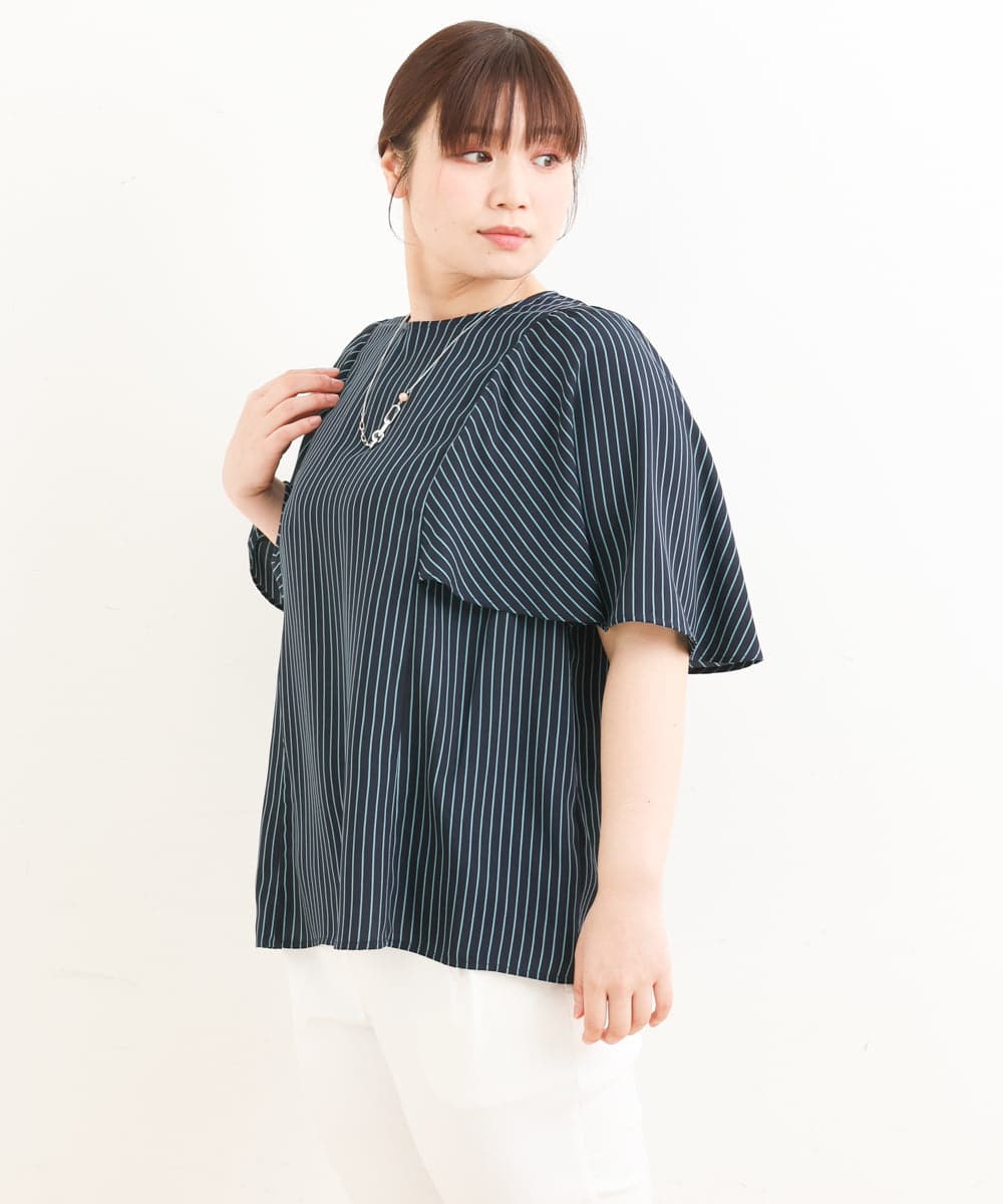 OLBFS10080 eur3(エウルキューブ) 【大きいサイズ】フレアスリーブストライプブラウス ネイビー(57)
