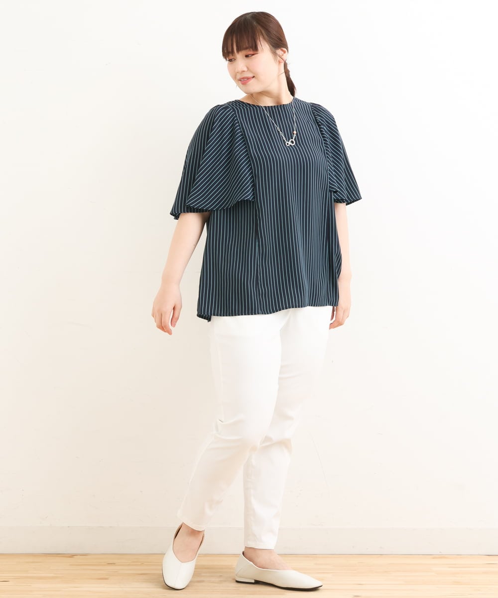 OLBFS10080 eur3(エウルキューブ) 【大きいサイズ】フレアスリーブストライプブラウス ネイビー(57)