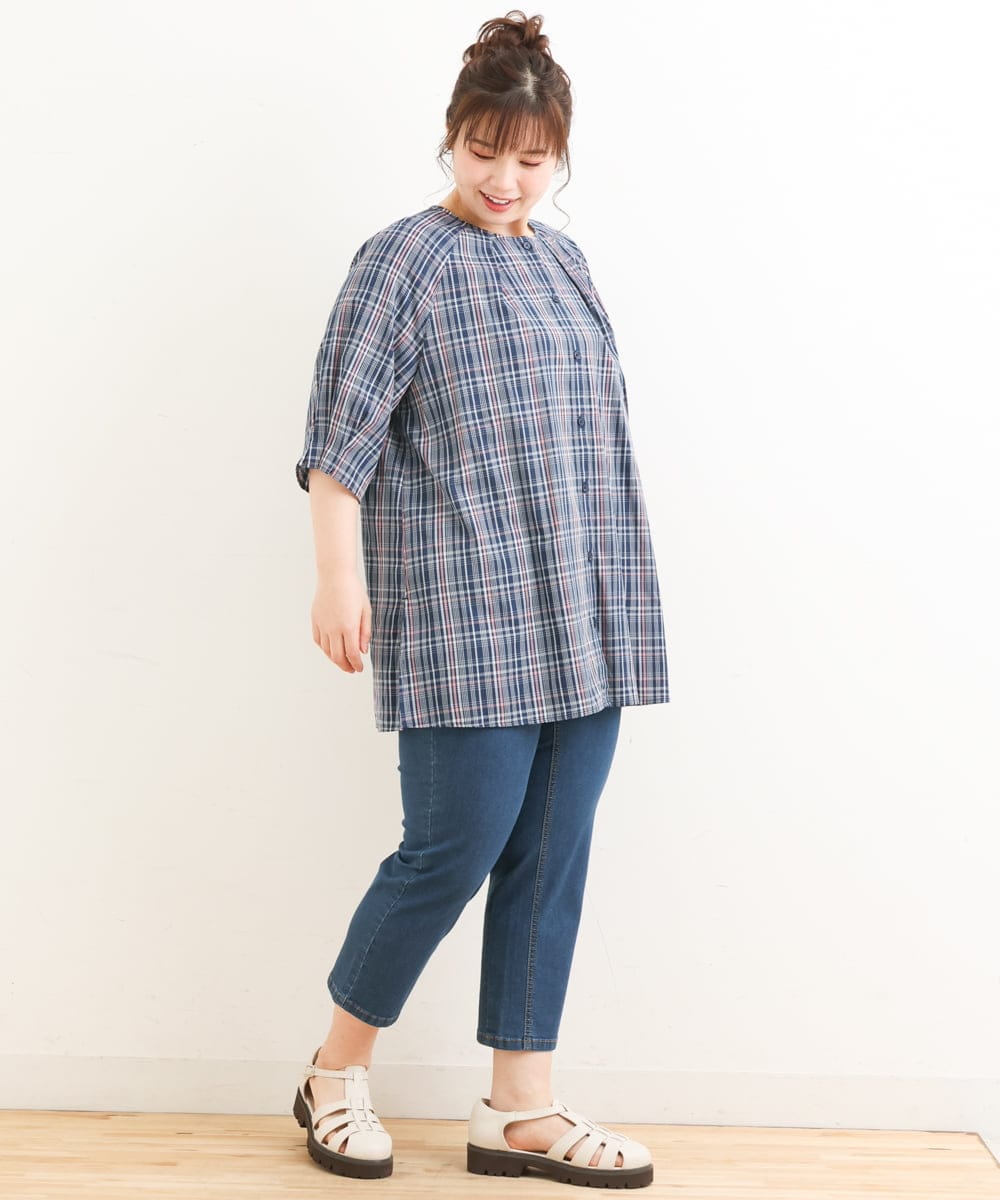 OLBFS11080 eur3(エウルキューブ) 【大きいサイズ/11号サイズあり】バックタックチェック柄ブラウス ネイビー(57)