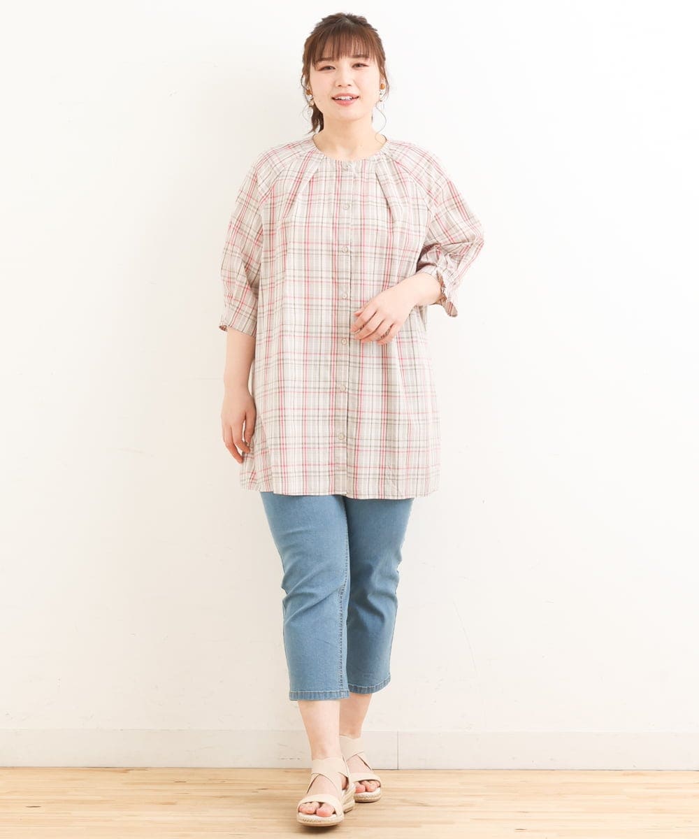 OLBFS11080 eur3(エウルキューブ) 【大きいサイズ/11号サイズあり】バックタックチェック柄ブラウス ベージュ(82)