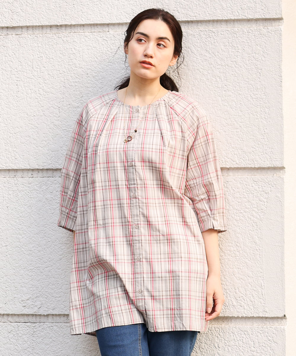 OLBFS11080 eur3(エウルキューブ) 【大きいサイズ/11号サイズあり】バックタックチェック柄ブラウス ベージュ(82)