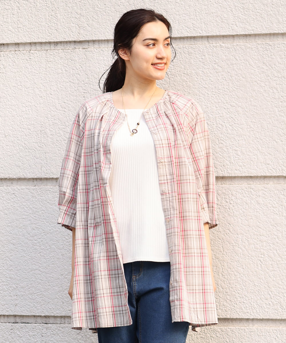 OLBFS11080 eur3(エウルキューブ) 【大きいサイズ/11号サイズあり】バックタックチェック柄ブラウス ベージュ(82)