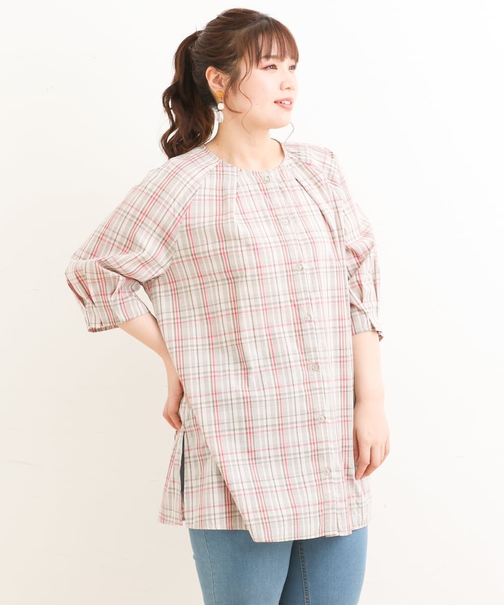 OLBFS11080 eur3(エウルキューブ) 【大きいサイズ/11号サイズあり】バックタックチェック柄ブラウス ベージュ(82)