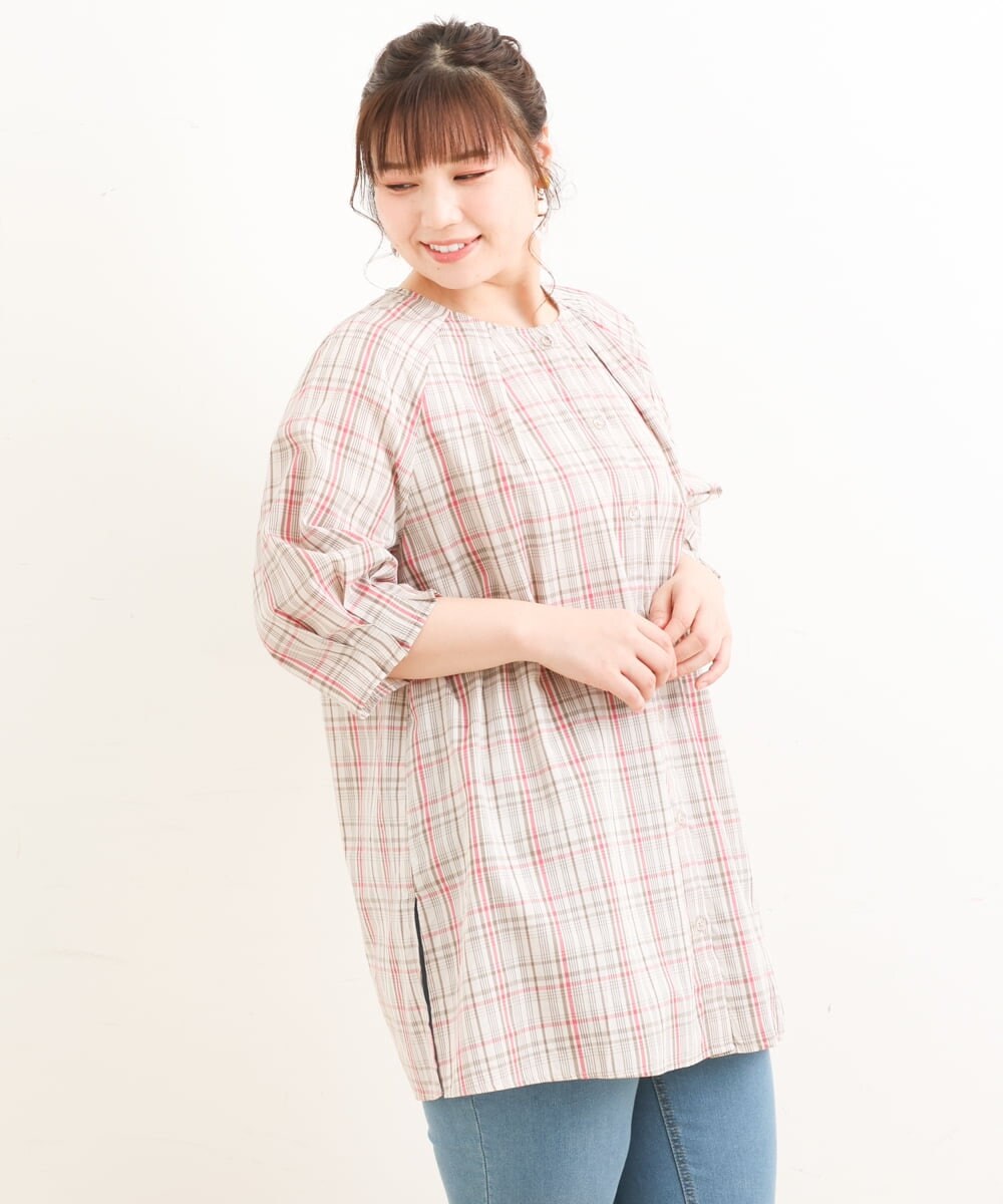 OLBFS11080 eur3(エウルキューブ) 【大きいサイズ/11号サイズあり】バックタックチェック柄ブラウス ベージュ(82)