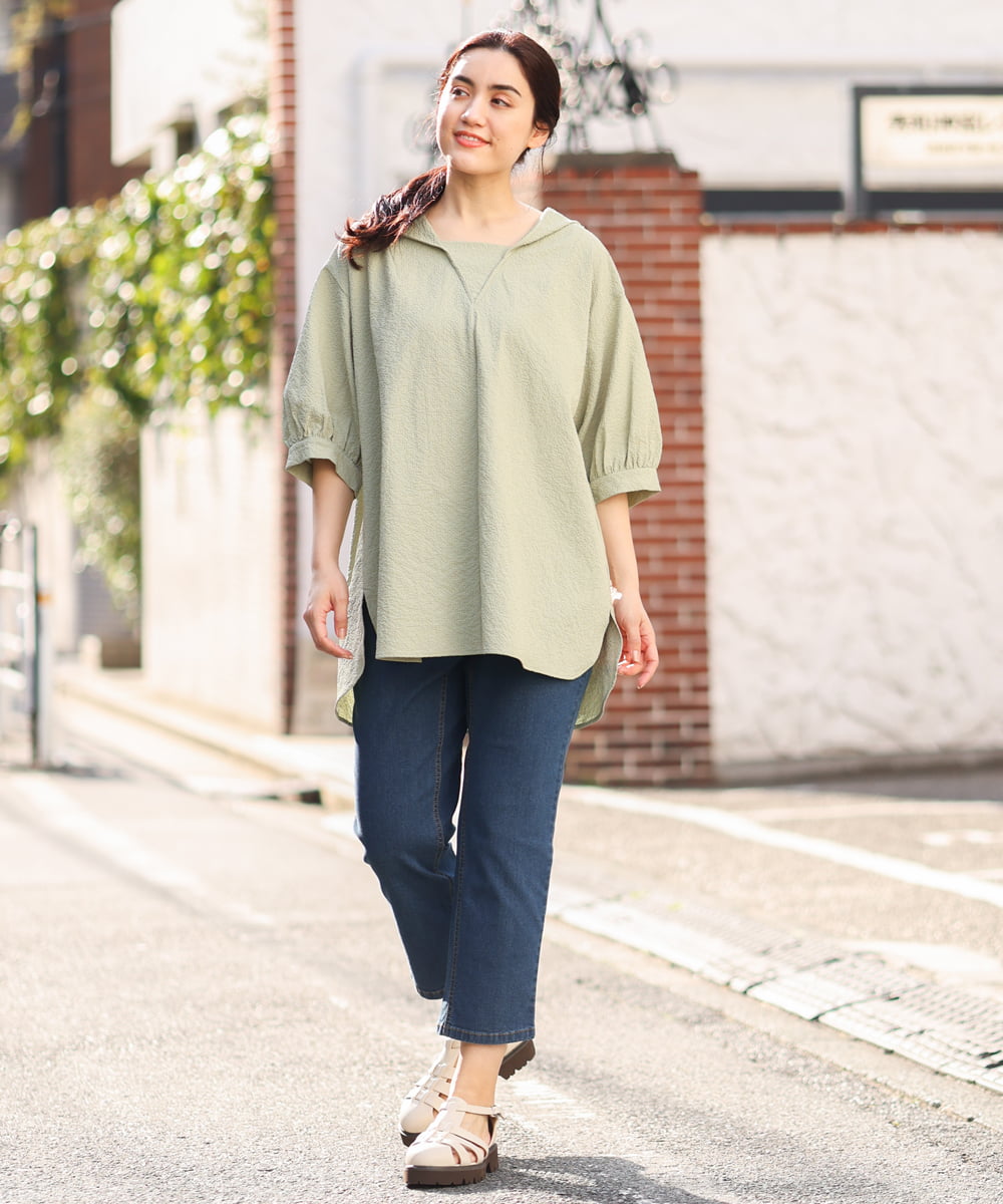 OLBFS12090 eur3(エウルキューブ) 【大きいサイズ】パフスリーブフーディブラウス カーキ(36)