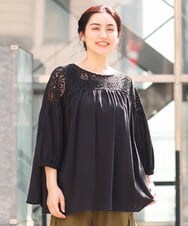 OLBFS13090 eur3(エウルキューブ) 【大きいサイズ】レースギャザーブラウス ブラック(94)