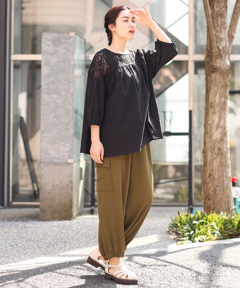OLBFS13090 eur3(エウルキューブ) 【大きいサイズ】レースギャザーブラウス ブラック(94)