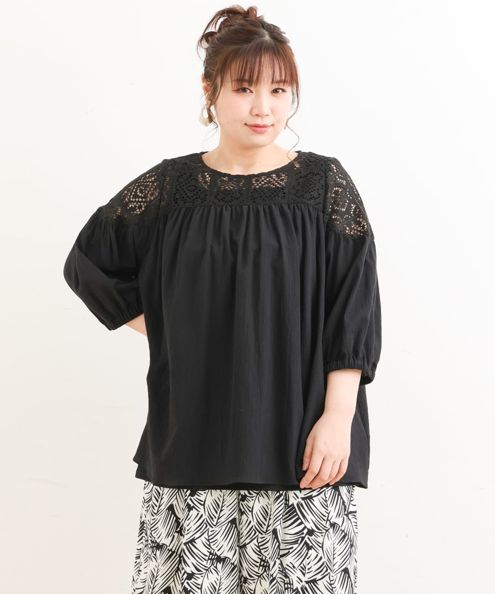 OLBFS13090 eur3(エウルキューブ) 【大きいサイズ】レースギャザーブラウス ブラック(94)
