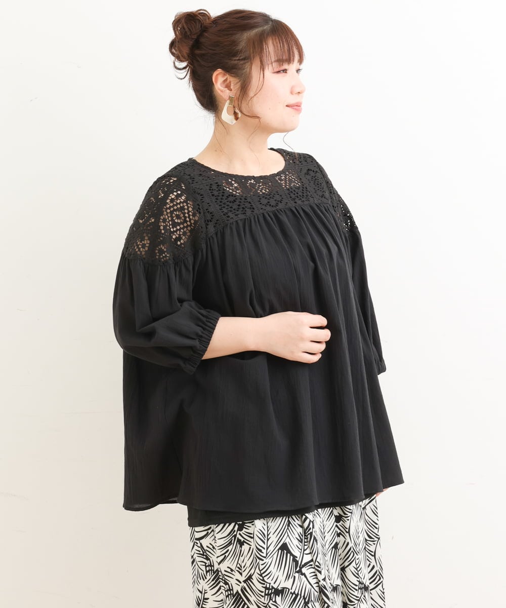 OLBFS13090 eur3(エウルキューブ) 【大きいサイズ】レースギャザーブラウス ブラック(94)
