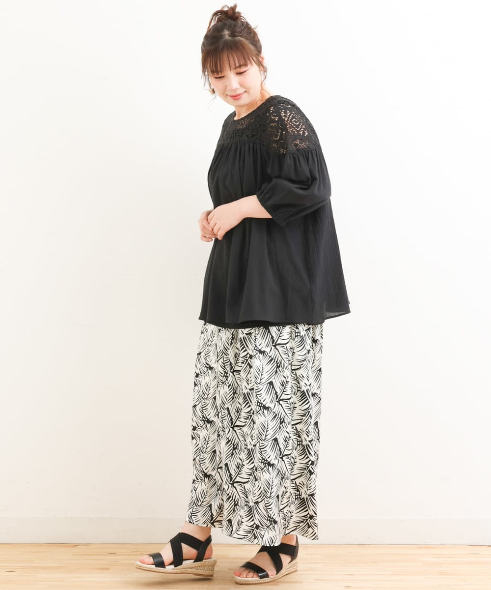 OLBFS13090 eur3(エウルキューブ) 【大きいサイズ】レースギャザーブラウス ブラック(94)