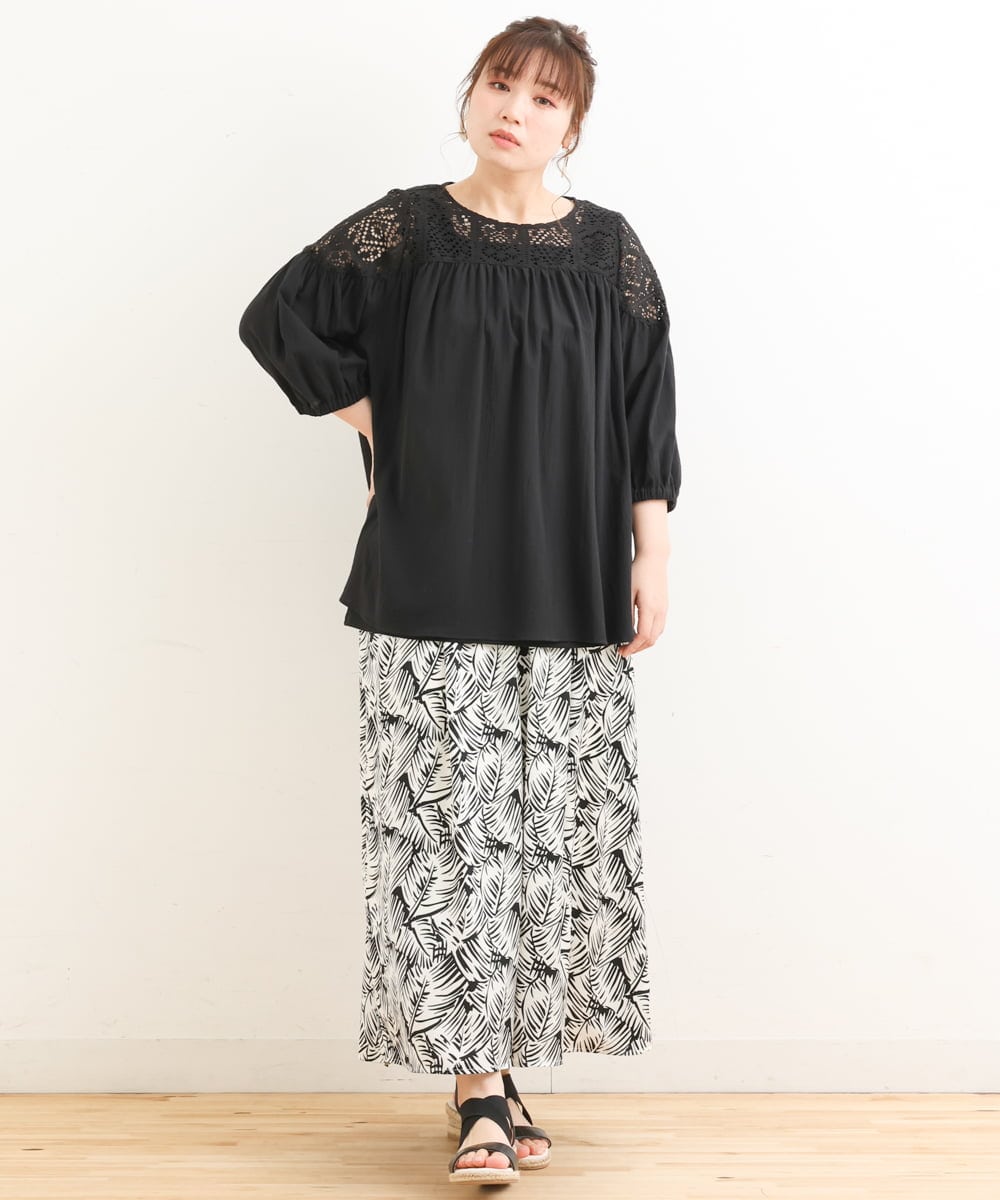 OLBFS13090 eur3(エウルキューブ) 【大きいサイズ】レースギャザーブラウス ブラック(94)
