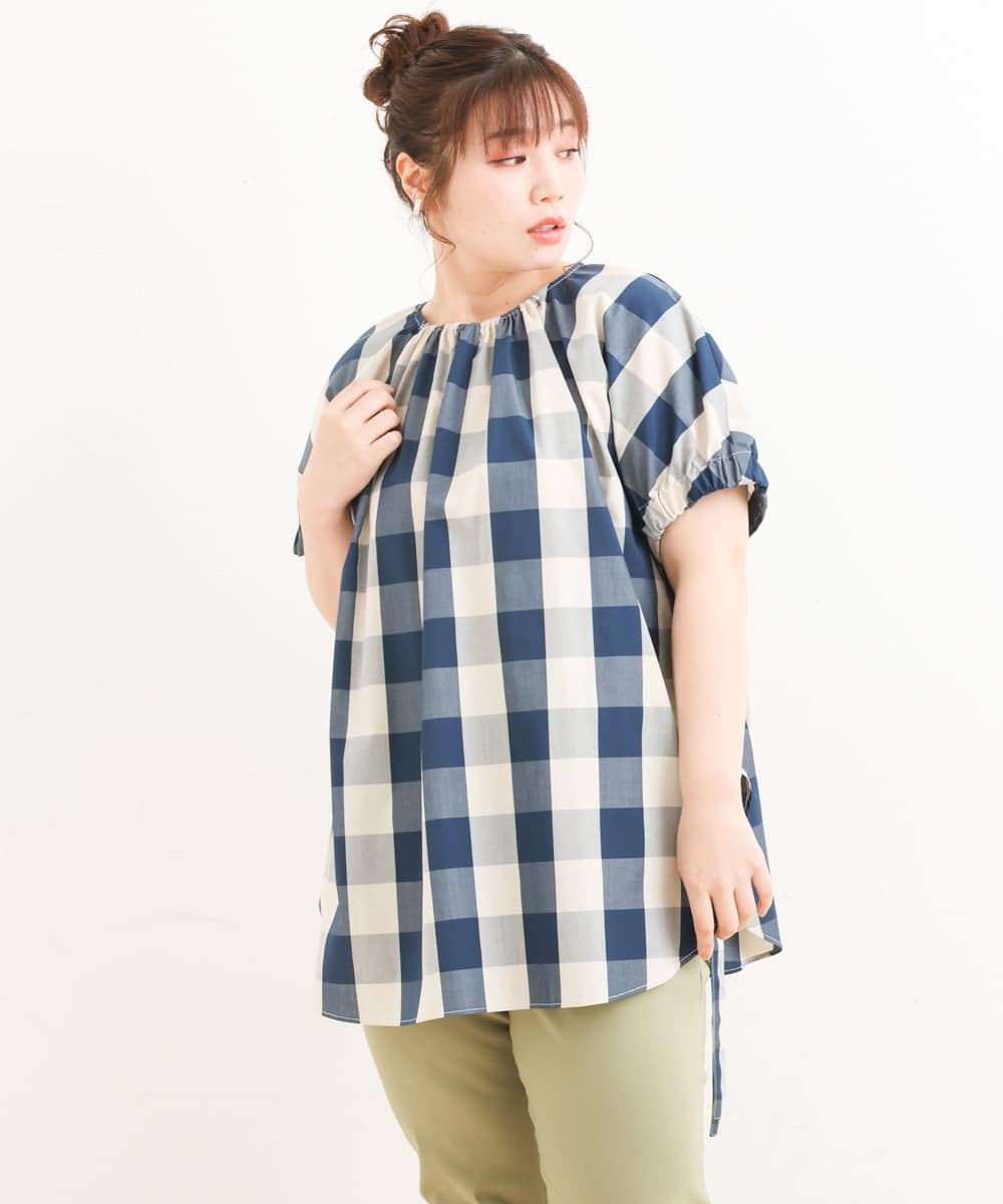 OLBFS19090 eur3(エウルキューブ) 【大きいサイズ】ブロックチェックチュニック ネイビー(57)