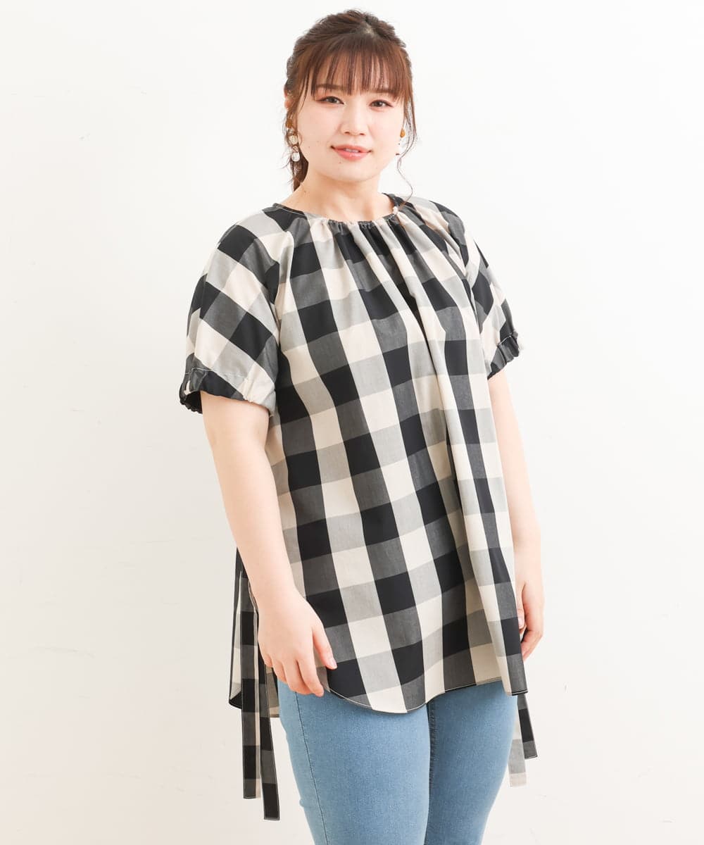 OLBFS19090 eur3(エウルキューブ) 【大きいサイズ】ブロックチェックチュニック ブラック(94)