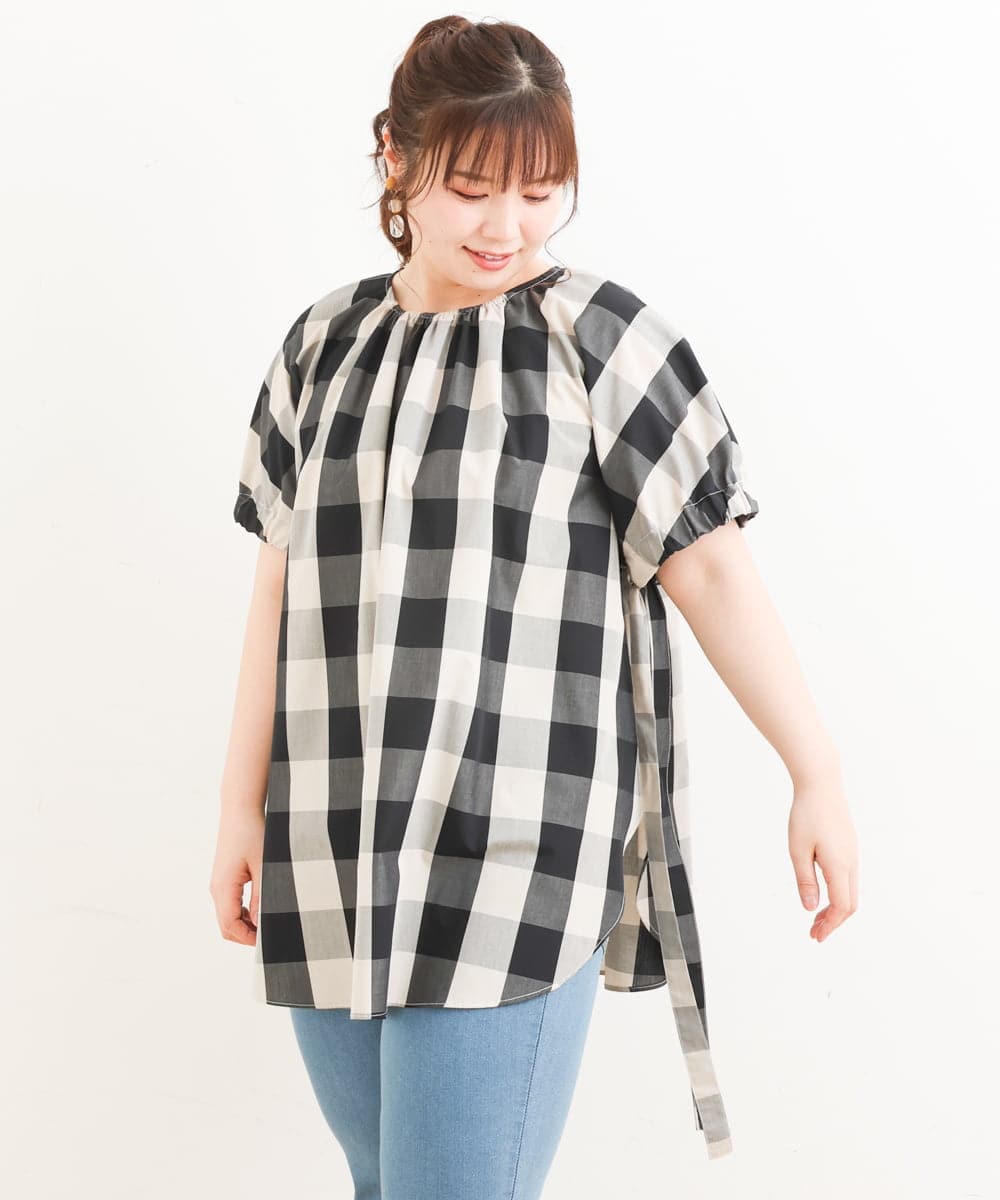 OLBFS19090 eur3(エウルキューブ) 【大きいサイズ】ブロックチェックチュニック ブラック(94)