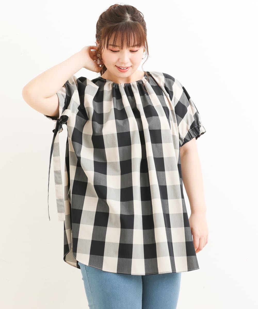 OLBFS19090 eur3(エウルキューブ) 【大きいサイズ】ブロックチェックチュニック ブラック(94)