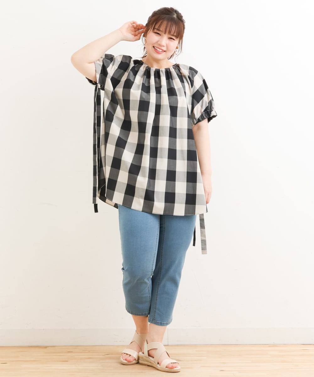 OLBFS19090 eur3(エウルキューブ) 【大きいサイズ】ブロックチェックチュニック ブラック(94)
