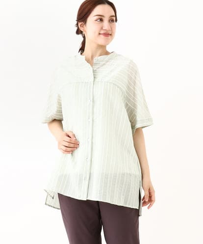 OLBFV35089 eur3 【大きいサイズ】ドビーストライプチュニックブラウス
