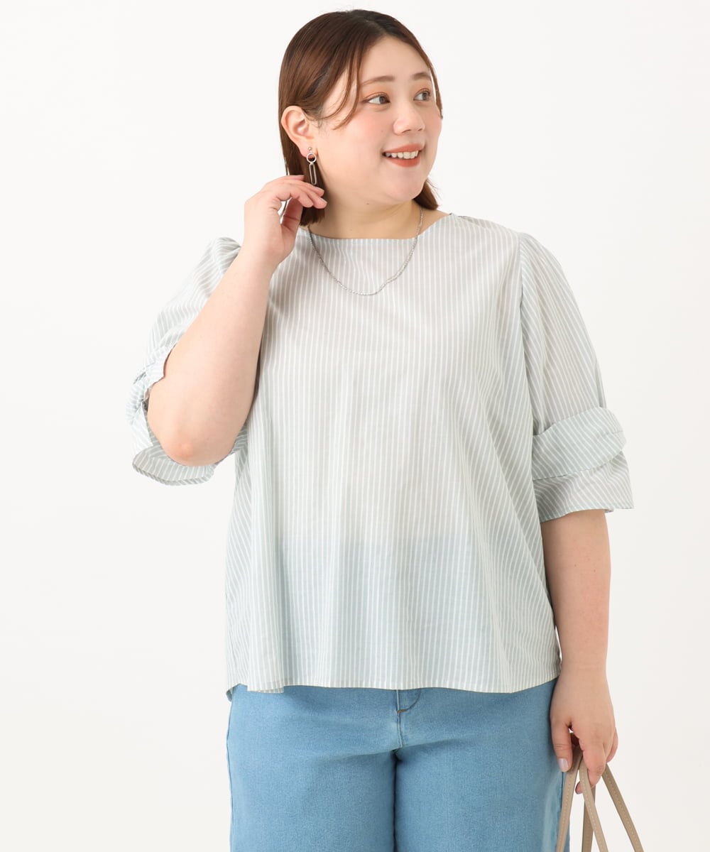 OLBGA35089 eur3(エウルキューブ) 【WEB先行販売】【大きいサイズ】ラメストライプブラウス ライトグリーン(30)