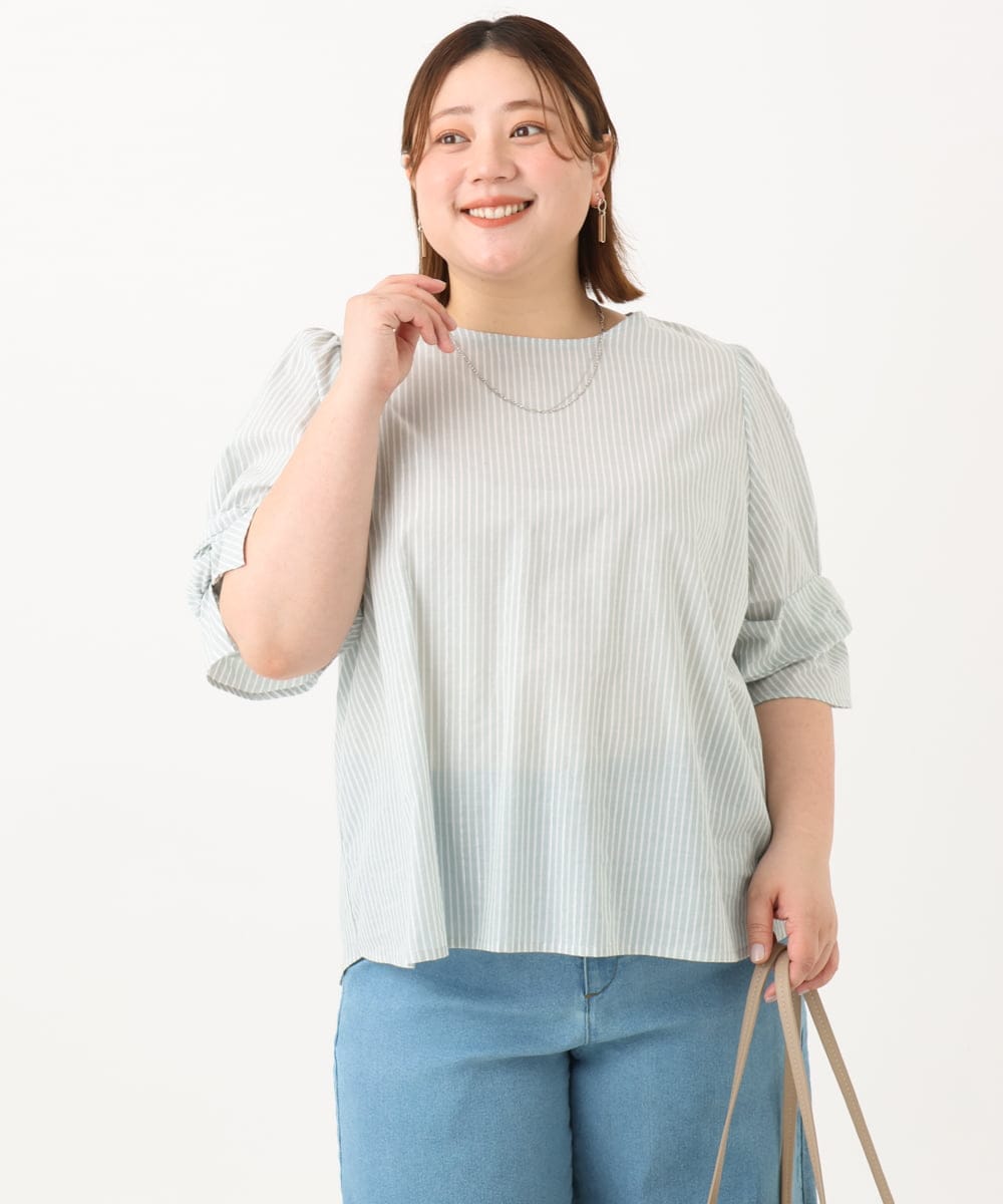 OLBGA35089 eur3(エウルキューブ) 【WEB先行販売】【大きいサイズ】ラメストライプブラウス ライトグリーン(30)