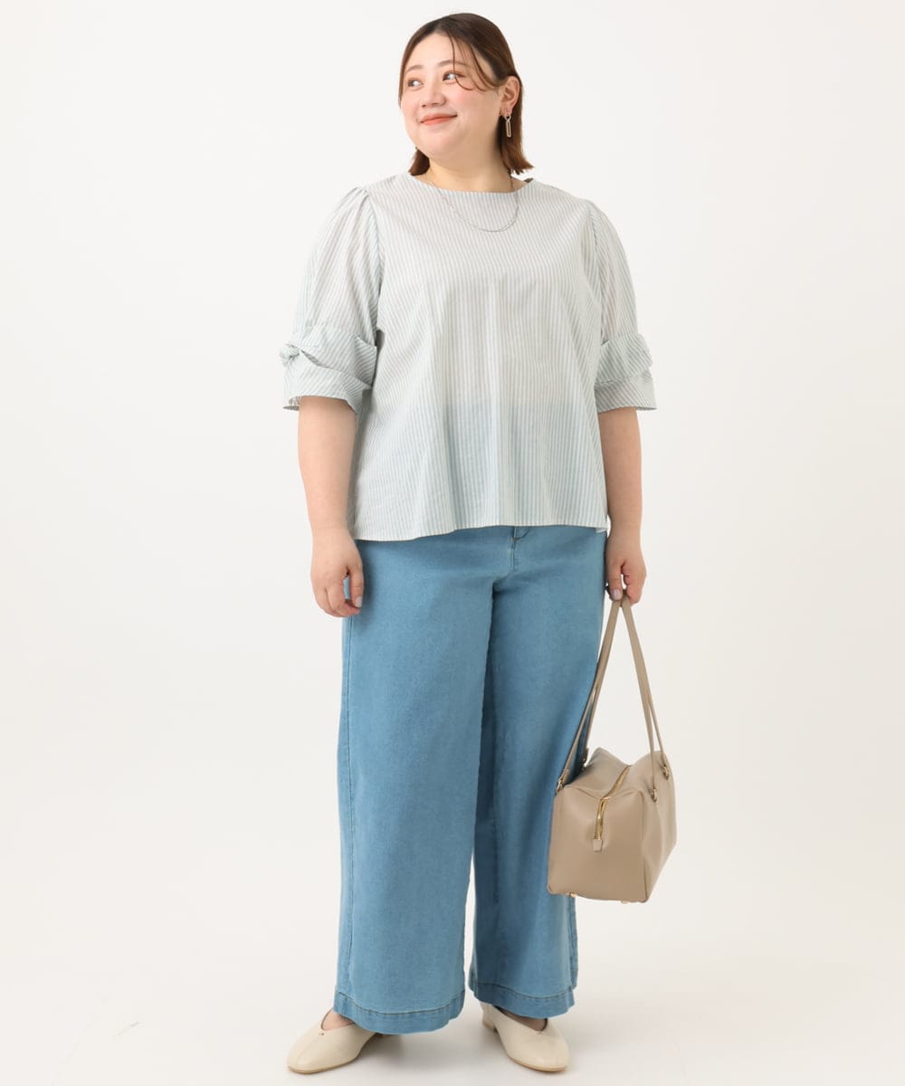 OLBGA35089 eur3(エウルキューブ) 【WEB先行販売】【大きいサイズ】ラメストライプブラウス ライトグリーン(30)