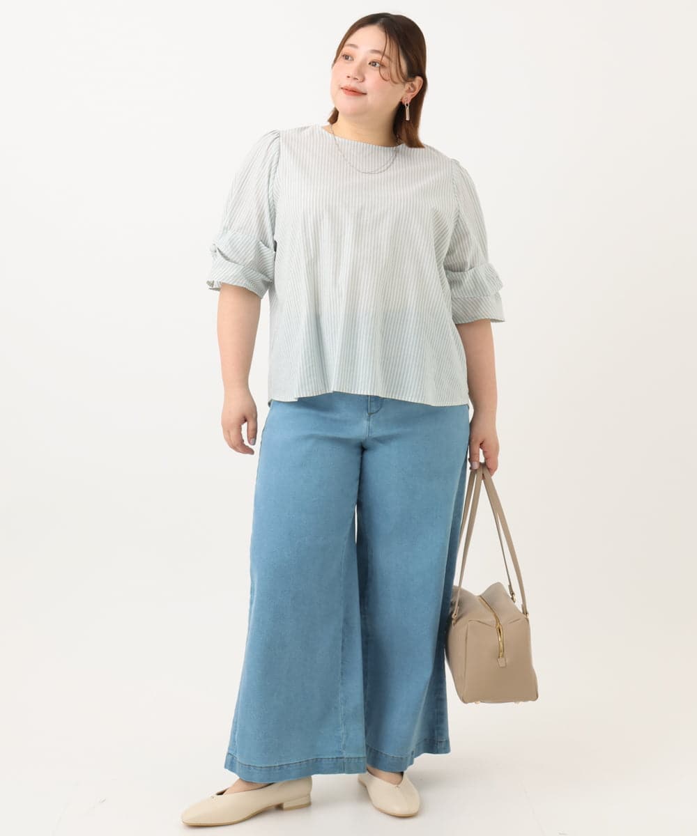 OLBGA35089 eur3(エウルキューブ) 【WEB先行販売】【大きいサイズ】ラメストライプブラウス ライトグリーン(30)