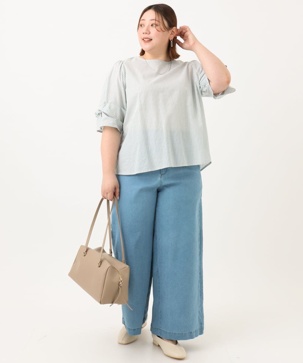 OLBGA35089 eur3(エウルキューブ) 【WEB先行販売】【大きいサイズ】ラメストライプブラウス ライトグリーン(30)