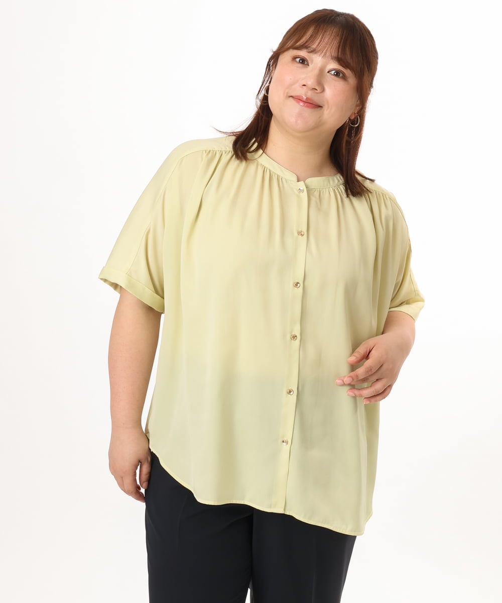 OLBGD02069 eur3(エウルキューブ) 【大きいサイズ/a.v.v×eur3】【接触冷感/UVカット】サテンギャザーブラウス ライトイエロー