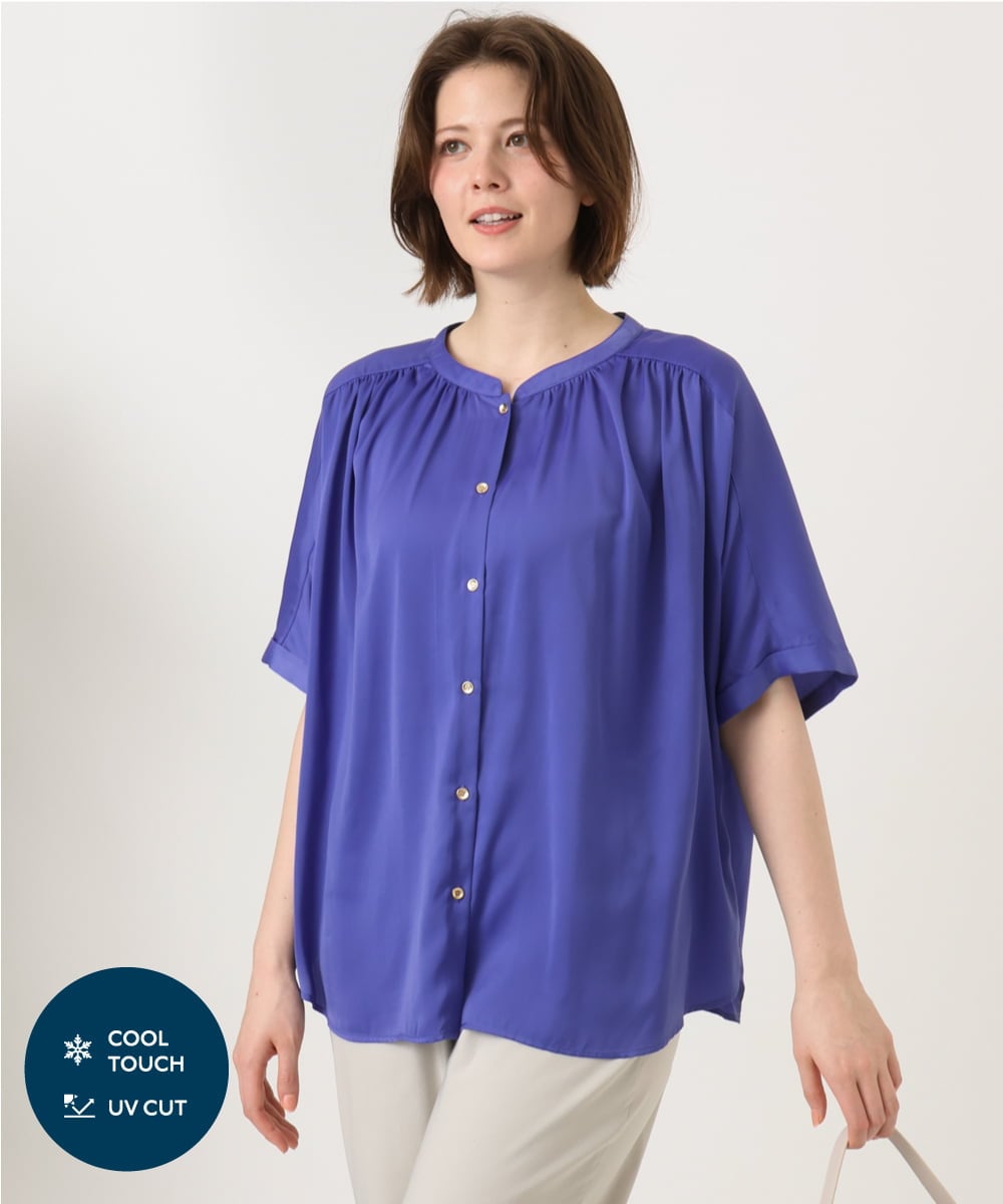 OLBGD02069 eur3(エウルキューブ) 【大きいサイズ/a.v.v×eur3】【接触冷感/UVカット】サテンギャザーブラウス パープル