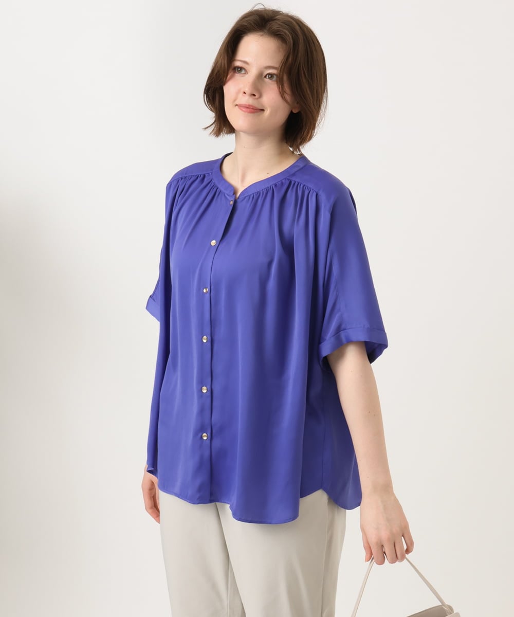 OLBGD02069 eur3(エウルキューブ) 【大きいサイズ/a.v.v×eur3】【接触冷感/UVカット】サテンギャザーブラウス パープル