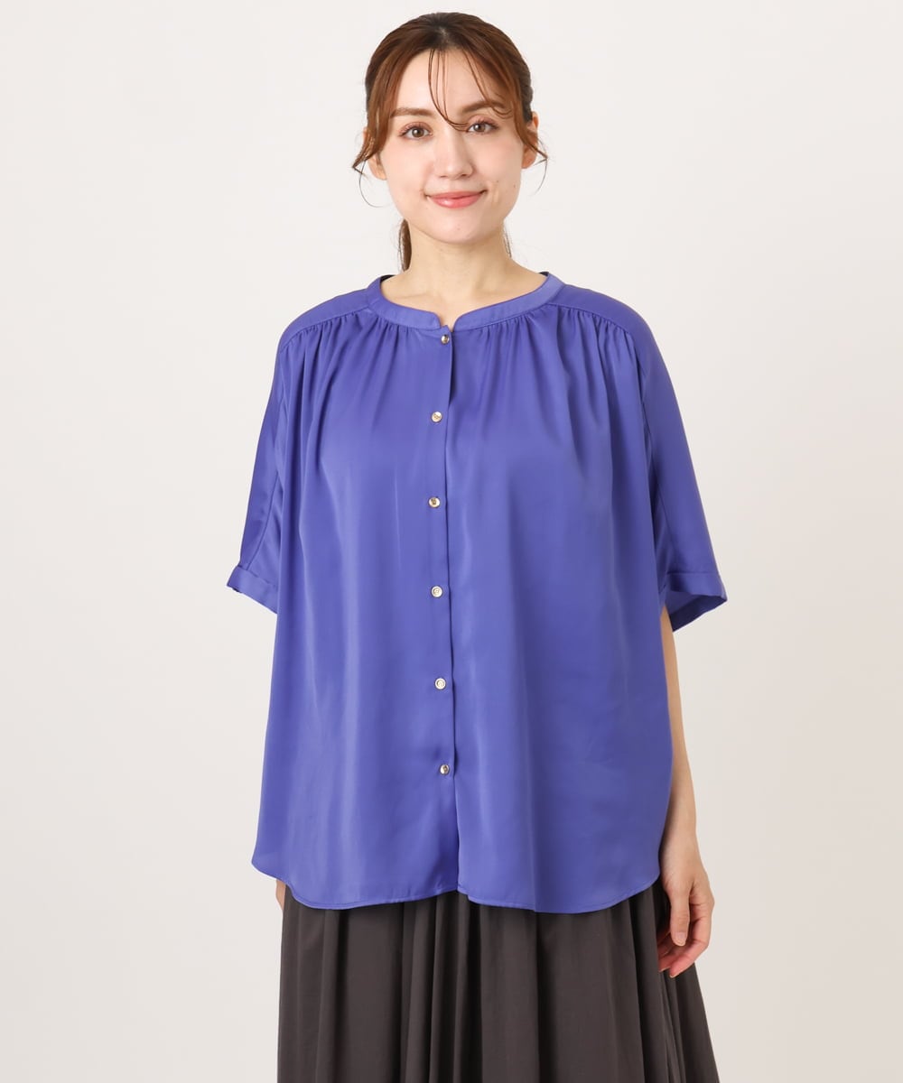 OLBGD02069 eur3(エウルキューブ) 【大きいサイズ/a.v.v×eur3】【接触冷感/UVカット】サテンギャザーブラウス パープル